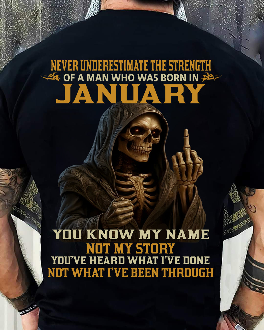 JANUARY - NEVER UNDERESTIMATE - BIRTHDAY T-SHIRT FOR MEN - NTTD01 (SKU26T-01-06-01)