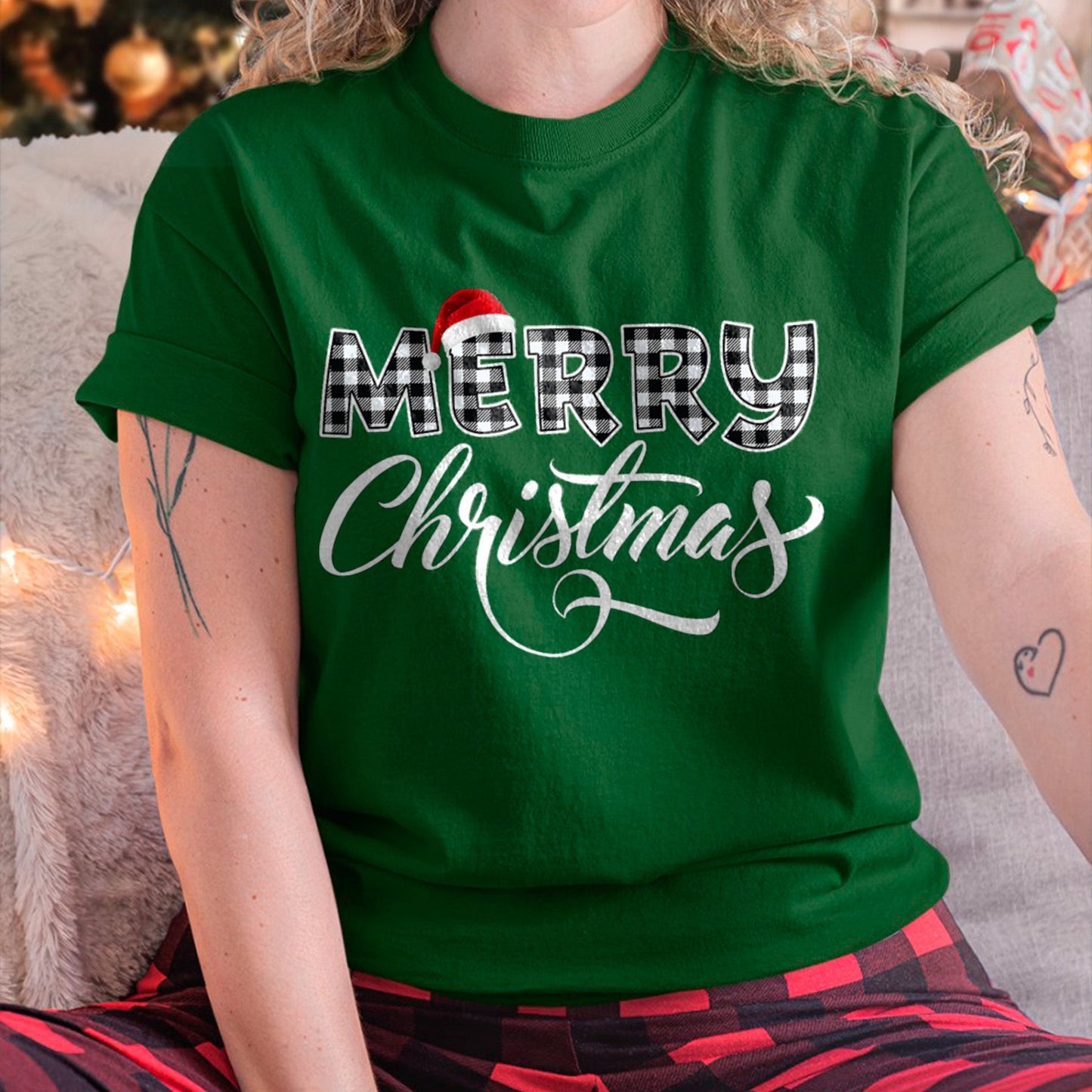 Merry Christmas Buffalo Black and White Plaid for Men Women T-Shirt (SKU-MRCM-14) FMA