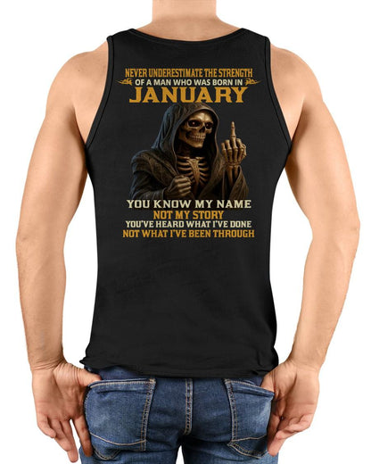 JANUARY - NEVER UNDERESTIMATE - BIRTHDAY T-SHIRT FOR MEN - NTTD01 (SKU26T-01-06-01)